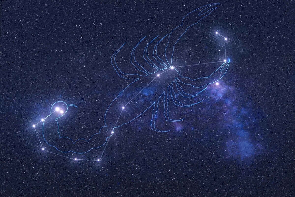 Shutterstock: Scorpio Constellation stars in outer space with shape of a scorpio in lines. Zodiac Sign Scorpio constellation lines. Elements of this image were furnished by NASA