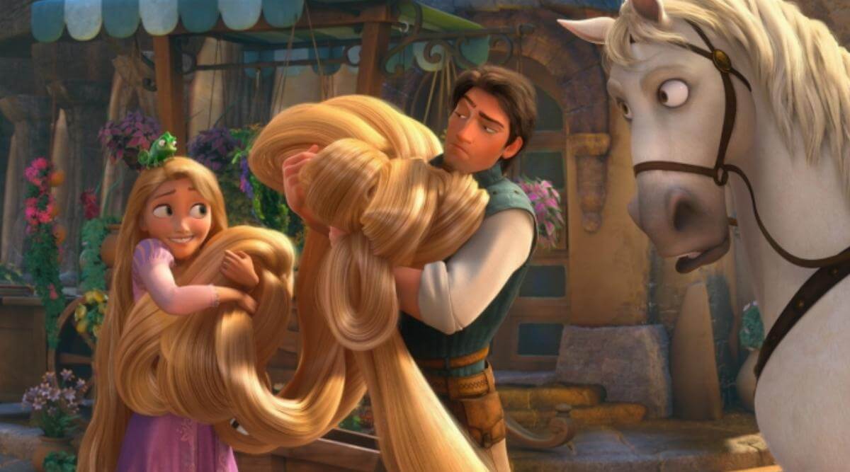 Rapunzel and Flynn Rider from Tangled holding Rapunzel's hair