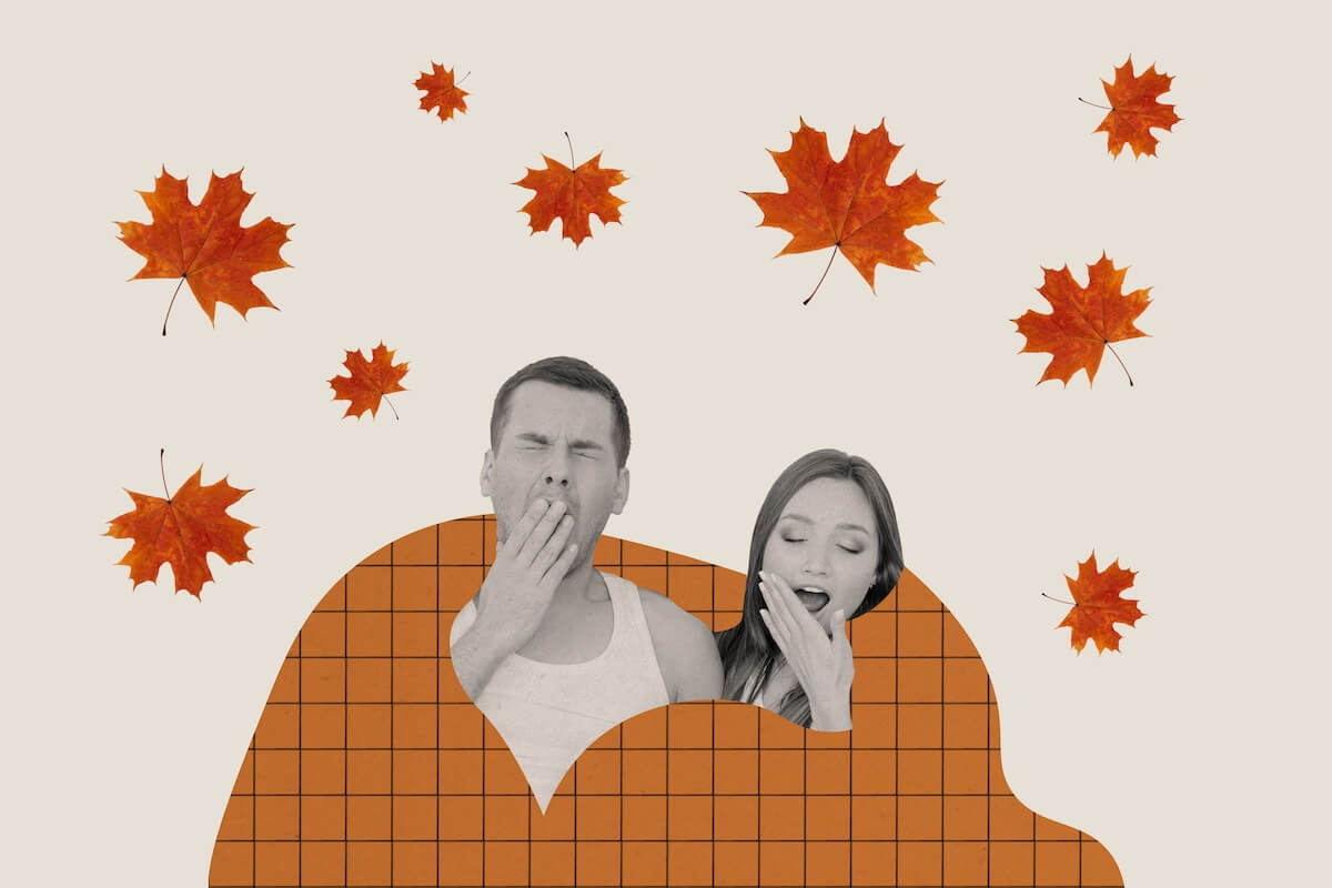 Shutterstock: Composite creative abstract photo collage of sleepy lazy couple lay in bad at home in cloudy weather isolated on white color background